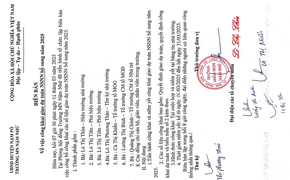 Biên bản, quyết định về việc công bố công khai dự toán ngân sách năm 2025 giao tháng 3