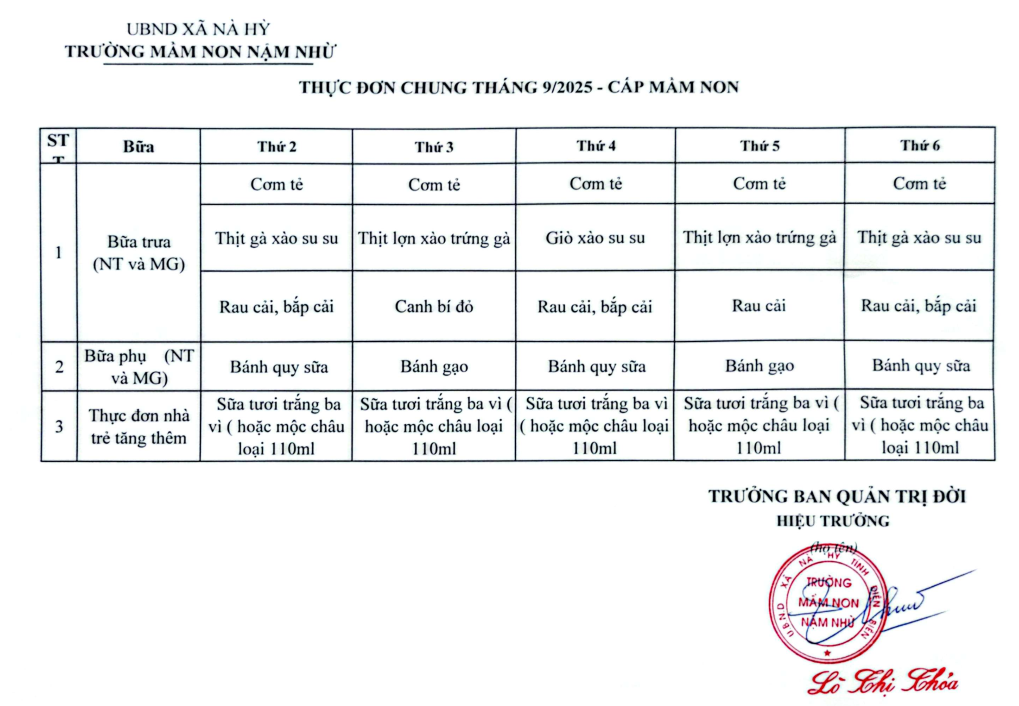 Thực đơn tháng 9