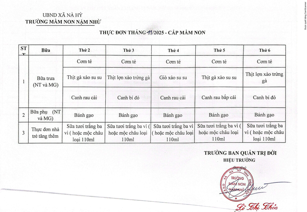 thực đơn tháng 11