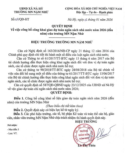 Quyết định về việc công bố công khai giao dự toán ngân sách nhà nước năm 2026( đầu năm)
