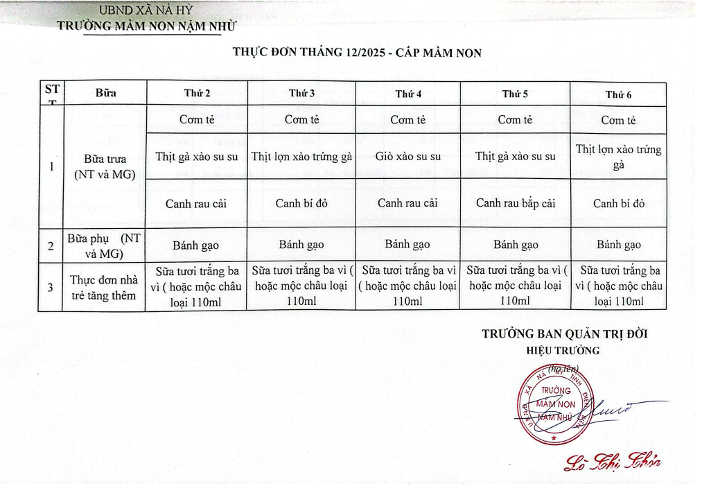 Thực đơn tháng 12