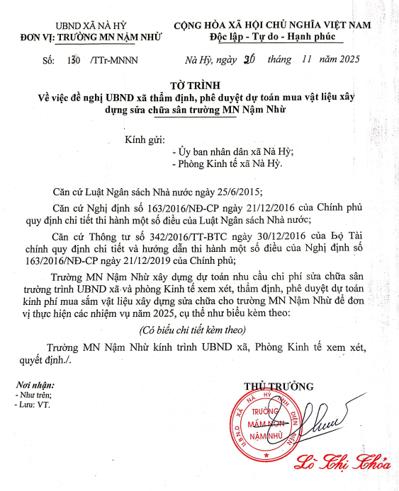 Tờ trình về việc đề nghị UBND xã thẩm định, phê duyệt dự toán mua vật liệu xây dựng sửa chữa sân trường