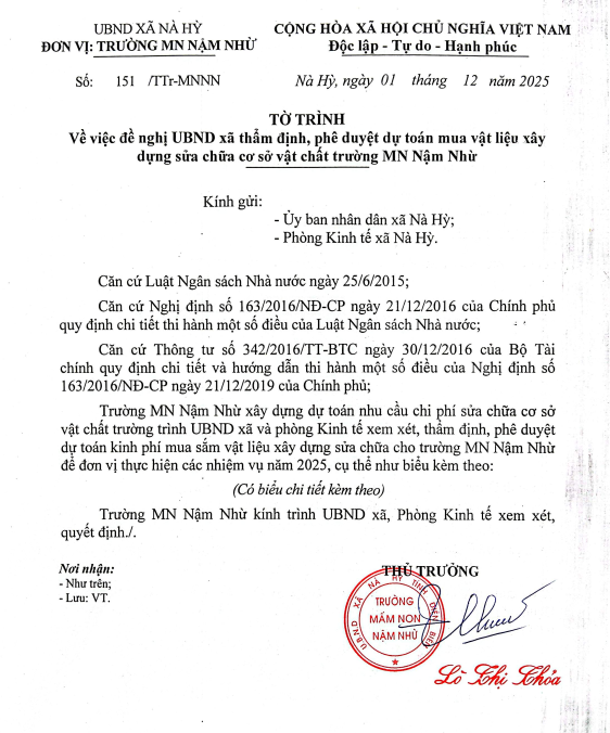 Tờ trình về việc đề nghị UBND xã thẩm định, phê duyệt dự toán mua vật liệu xây dựng sửa chữa cơ sở vật chất