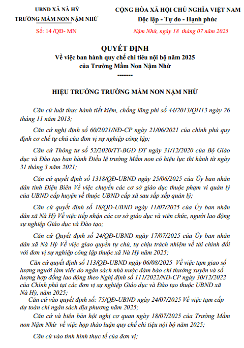 QUYẾT ĐỊNH Về việc ban hành quy chế chi tiêu nội bộ năm 2025