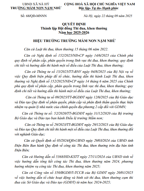 QUYẾT ĐỊNH Thành lập Hội đồng Thi đua, khen thưởng Năm học 2025-2026