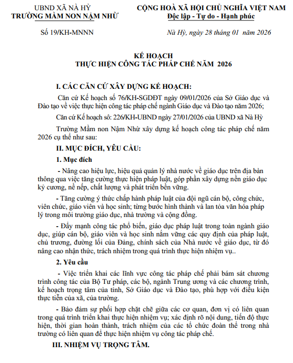 Kế hoạch thực hiện công tác pháp chế năm 2026
