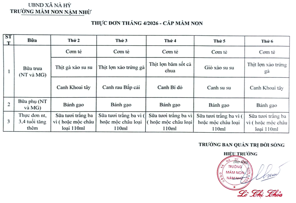 THỰC ĐƠN THÁNG 4/2026