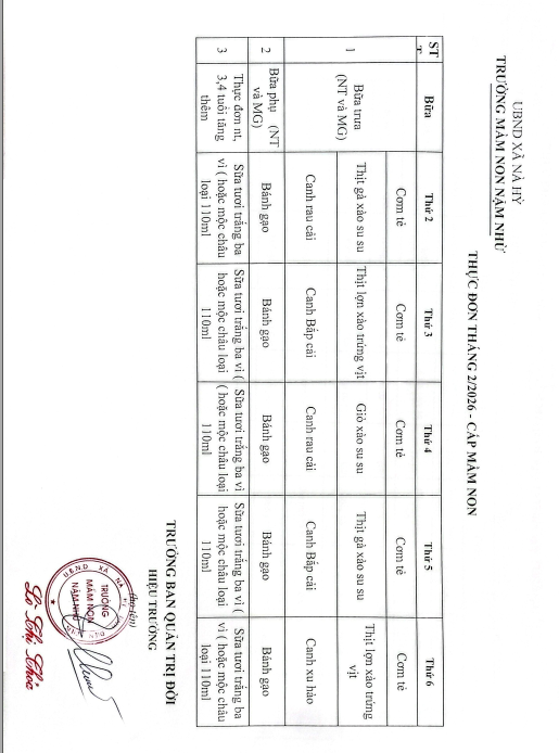 THỰC ĐƠN THÁNG 2/2026
